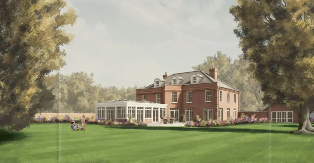 Arch viz image of the Georgian House project. Image shows the rear perspective of the scheme, featuring the garden, glazed orangery and brick built main house.