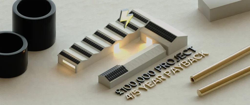 CGI still of the Credo x Redco animation showing a miniature version of the Redco factory complete with solar panels and a floating electric bolt.