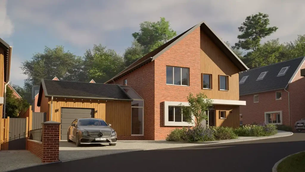 Architectural visualisation of Sheringham House at The Lodge in Norfolk. Image shows a new build house made of brick and timber cladding.